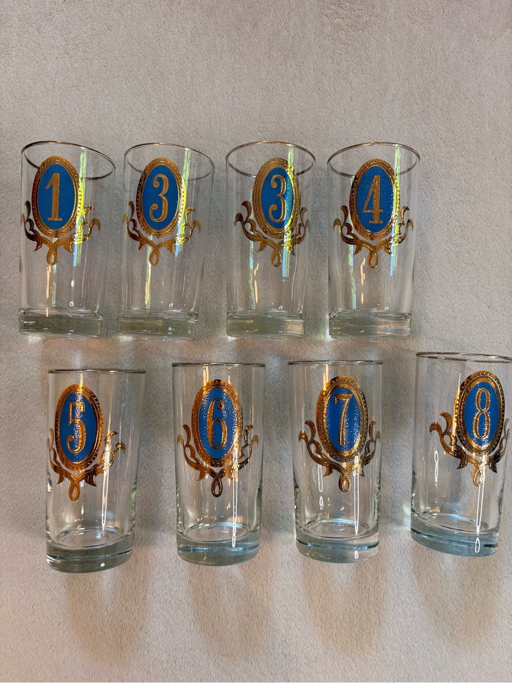Libbey NUMÉRO Mid-Century Crown Blue and Gold Vintage Style Glasses Set (1-8)